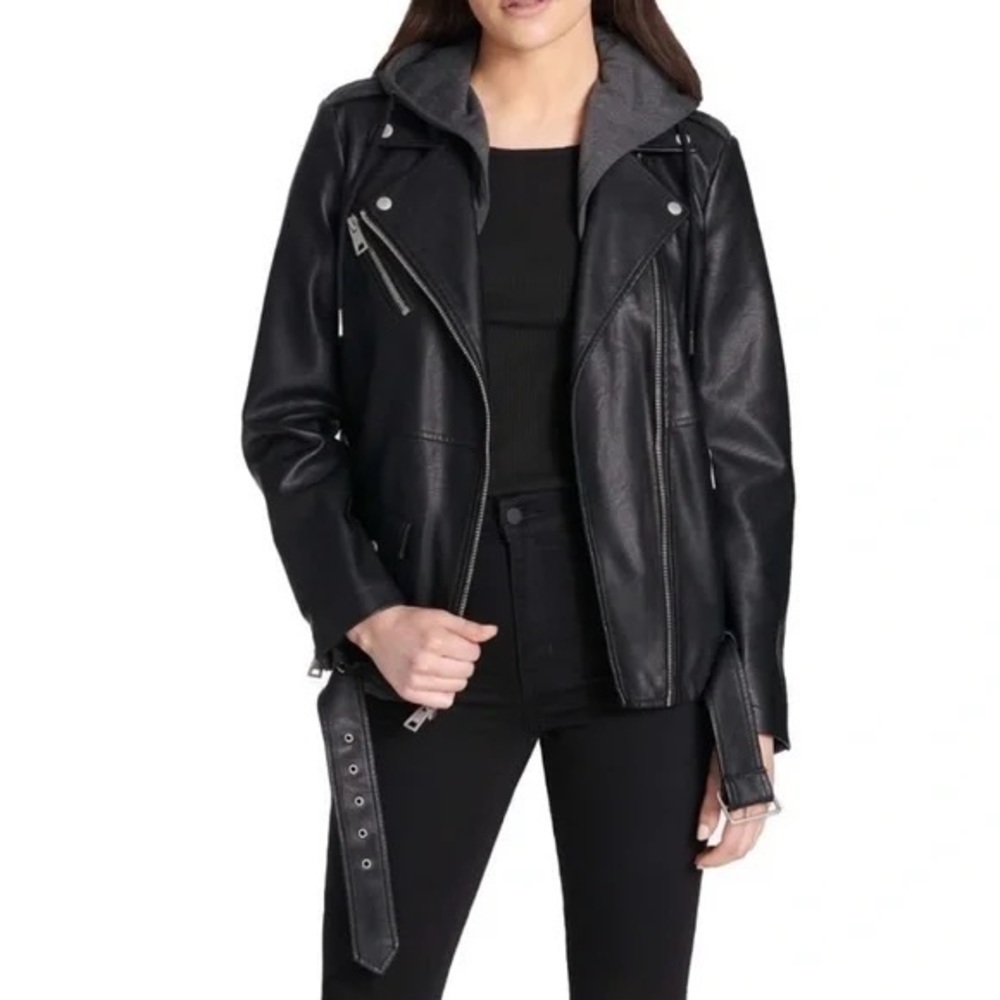 LEVI'S Faux Leather Oversized Hooded Motorcycle Jacket Black
